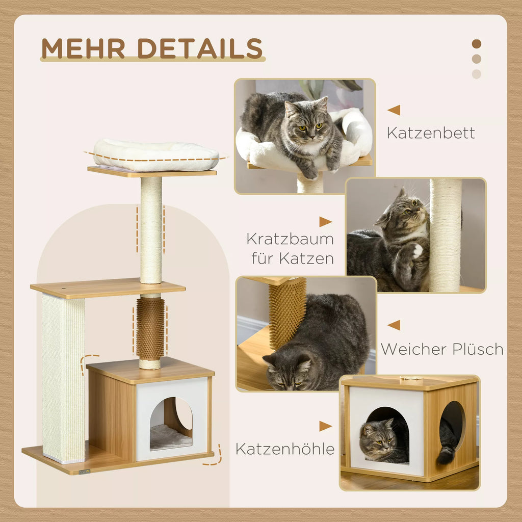 Katės medis Katės urvas, 1 katės lovelė, 1 gulėjimo vieta, 59,5 cm x 39,5 cm x 114 cm, ruda + balta