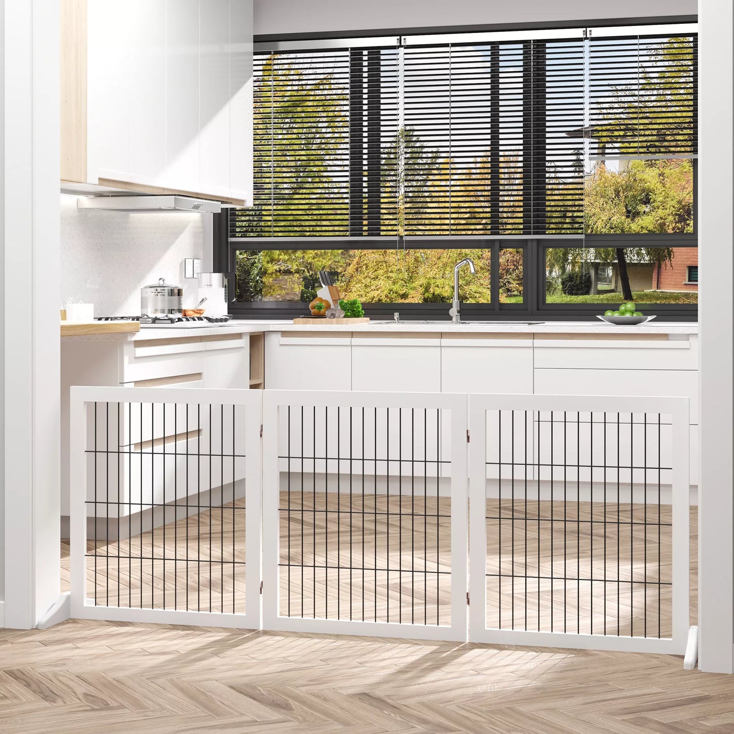 Suņu drošības vārtiņi ar atbalsta kājām, kāpņu vārtiņi, suņu drošības vārtiņi durvīm, kamīnam un plītij, priedes koksne, balti, 185 x 36 x 71 cm