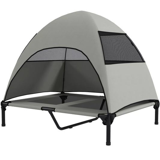 Lauko šunų gultas su stogeliu, paaukštinta šunų lova dideliems šunims, 91 x 76 x 90 cm, šviesiai pilka