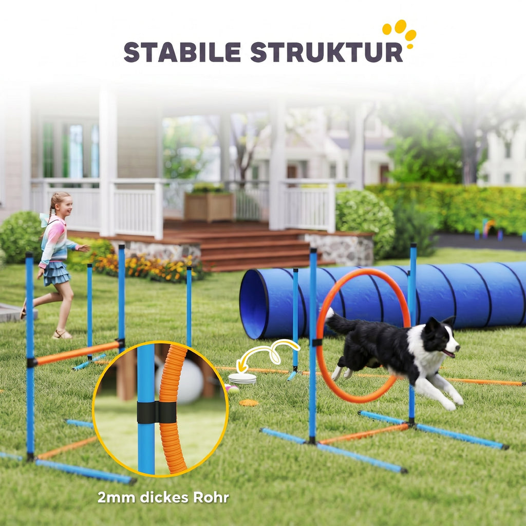 Agility rinkinys šunims, 8 dalių, su tuneliu, slalomo stulpais, reguliuojamais barjerais ir šuolių lanku, oranžinis
