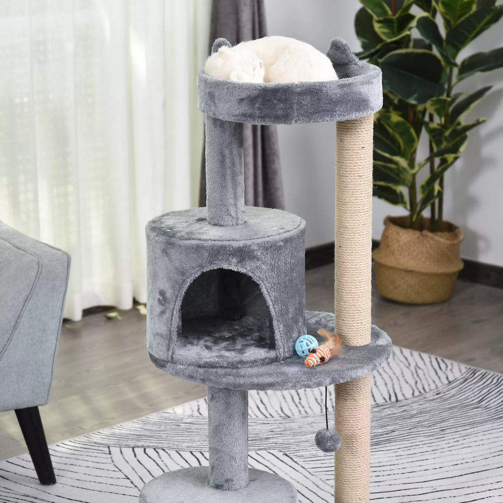4 stāvu kaķu māja ar alu, mājiņu, rotaļlietām, sēdēšanas platformu, sizala stabu un skrāpēšanas stabu, liela, stabila, grezna, pelēka, izgatavota no sizala un plīša, 48x48x104 cm
