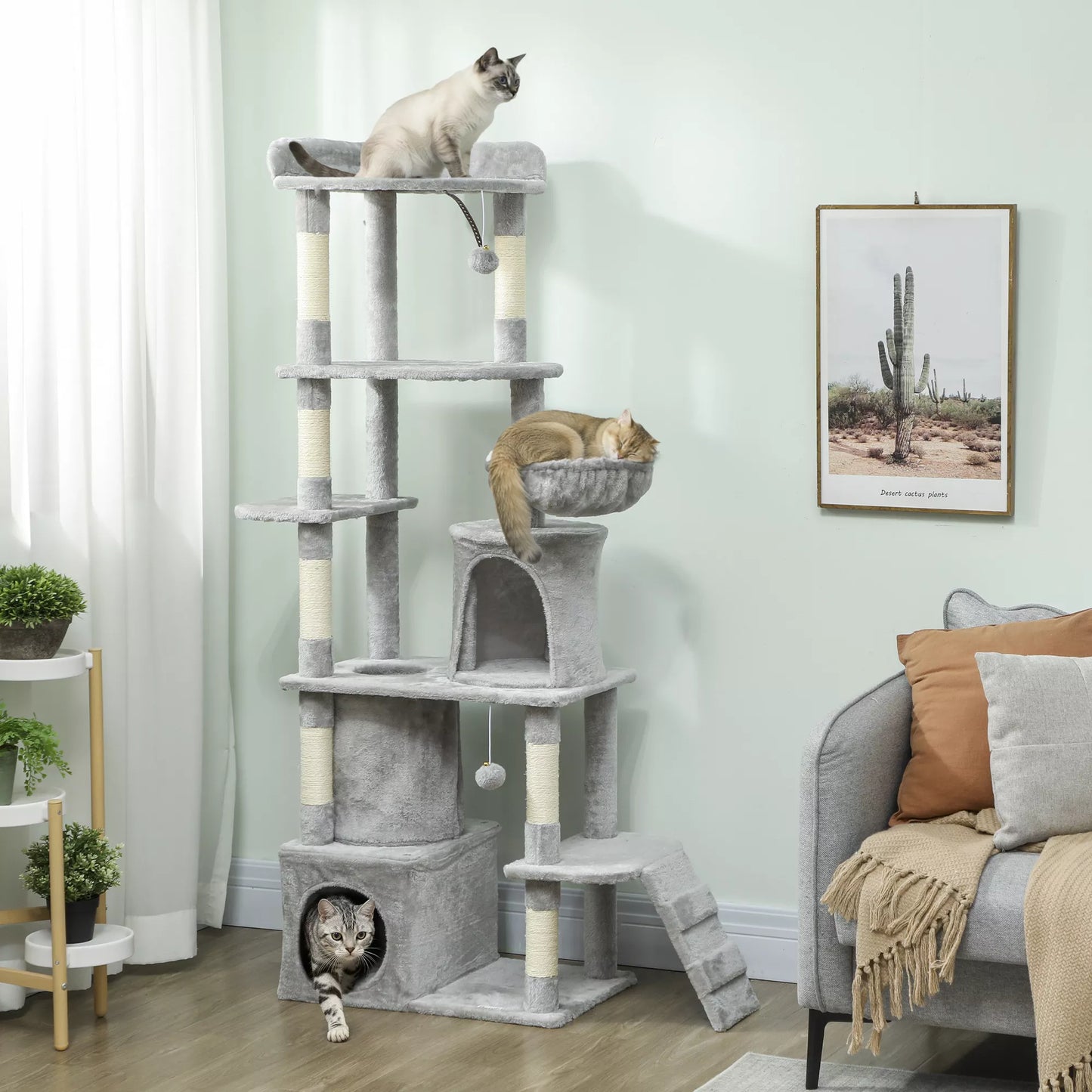 Cat scratching post, 170 cm, with tunnel, niches, large base, sisal posts, light gray
