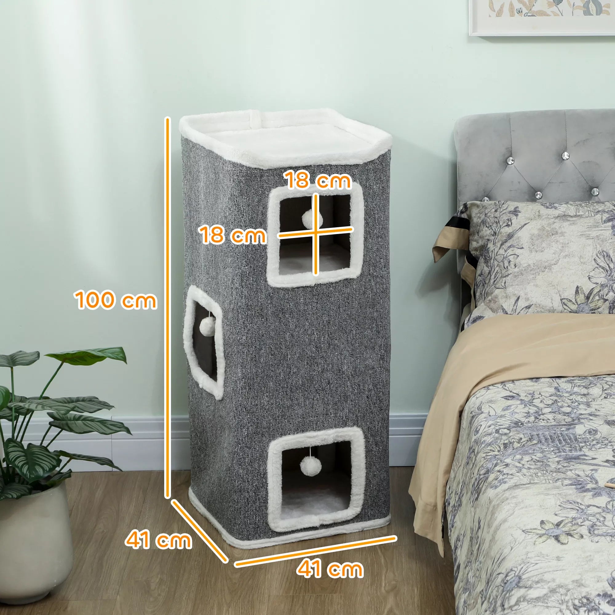 4 līmeņu kaķu tornis, skrāpējamais stabs ar 3 gultām, skaidu plāksne, rotaļu bumbiņas, pelēks