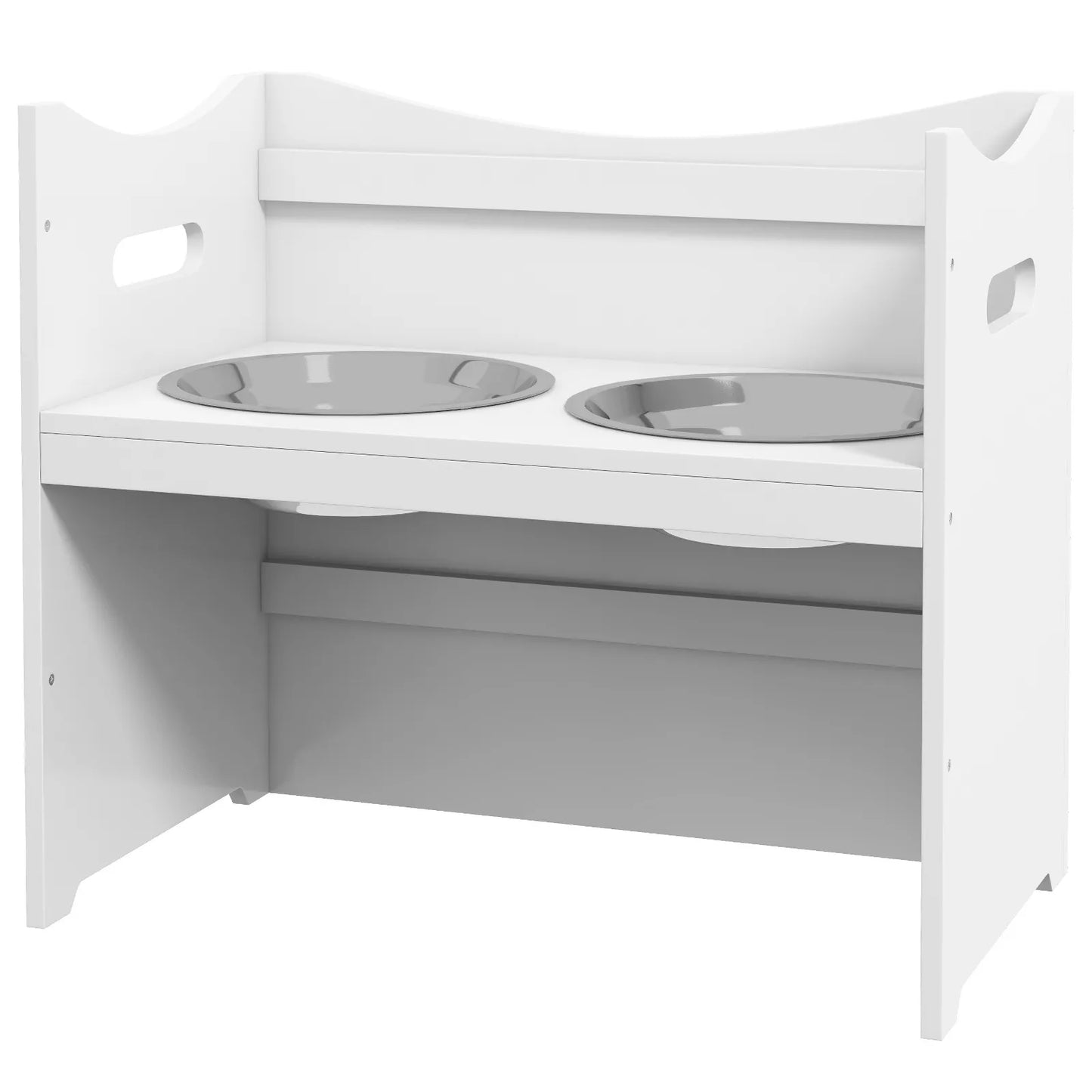 Maisto stotelė šunims, 2 nerūdijančio plieno dubenėliai, reguliuojamo aukščio, 54x31,5x47cm, balta