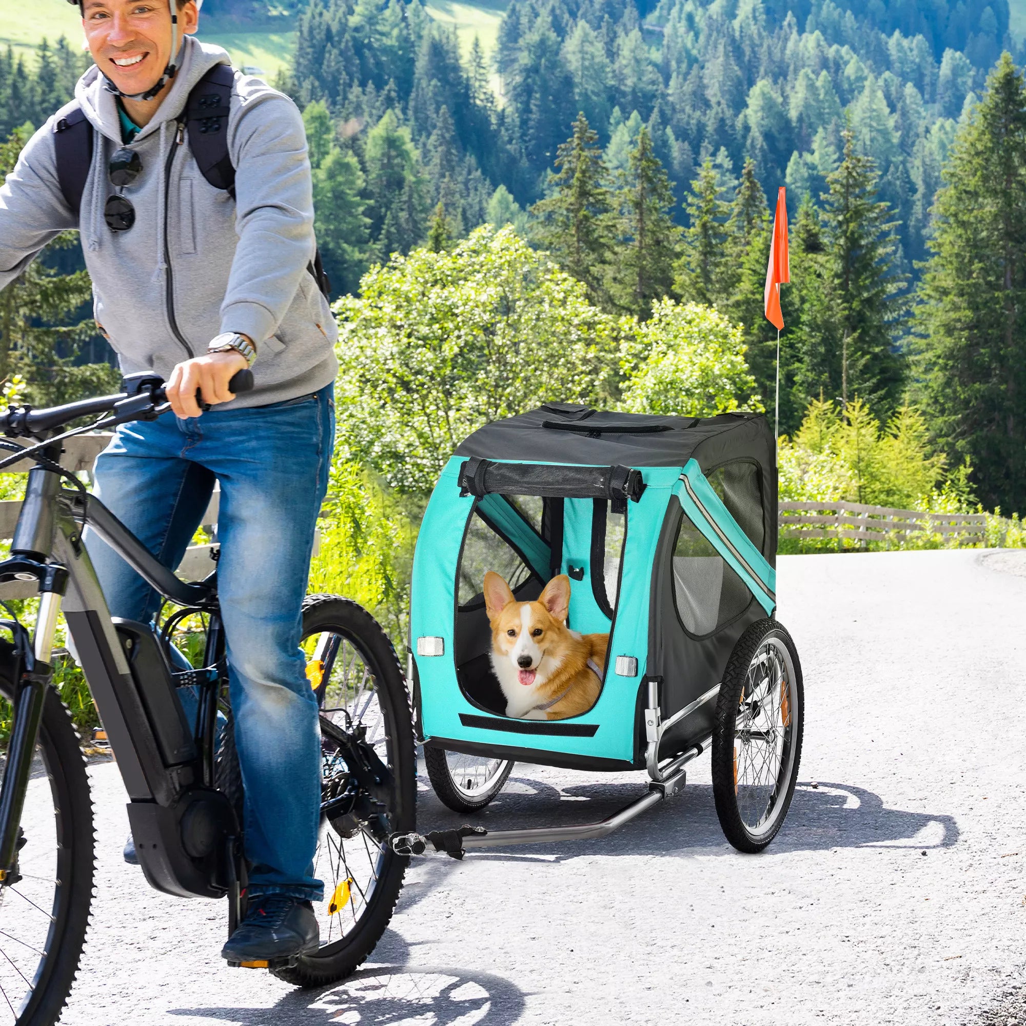 Mājdzīvnieku piekabe suņiem, velosipēda piekabe līdz 20 kg, salokāma, ar atstarotāju, lietus pārsegs, tērauds, pelēka + zaļa, 130 x 73 x 90 cm