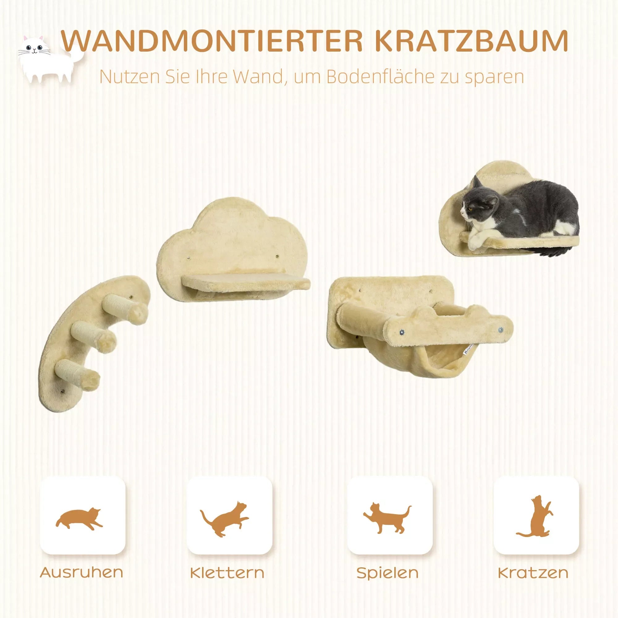 Kaķu kāpnes, 4 daļu komplekts, 3 pakāpienu kāpnes, 2 platformas, šūpuļtīkls, plīša pārvalks, bēšs