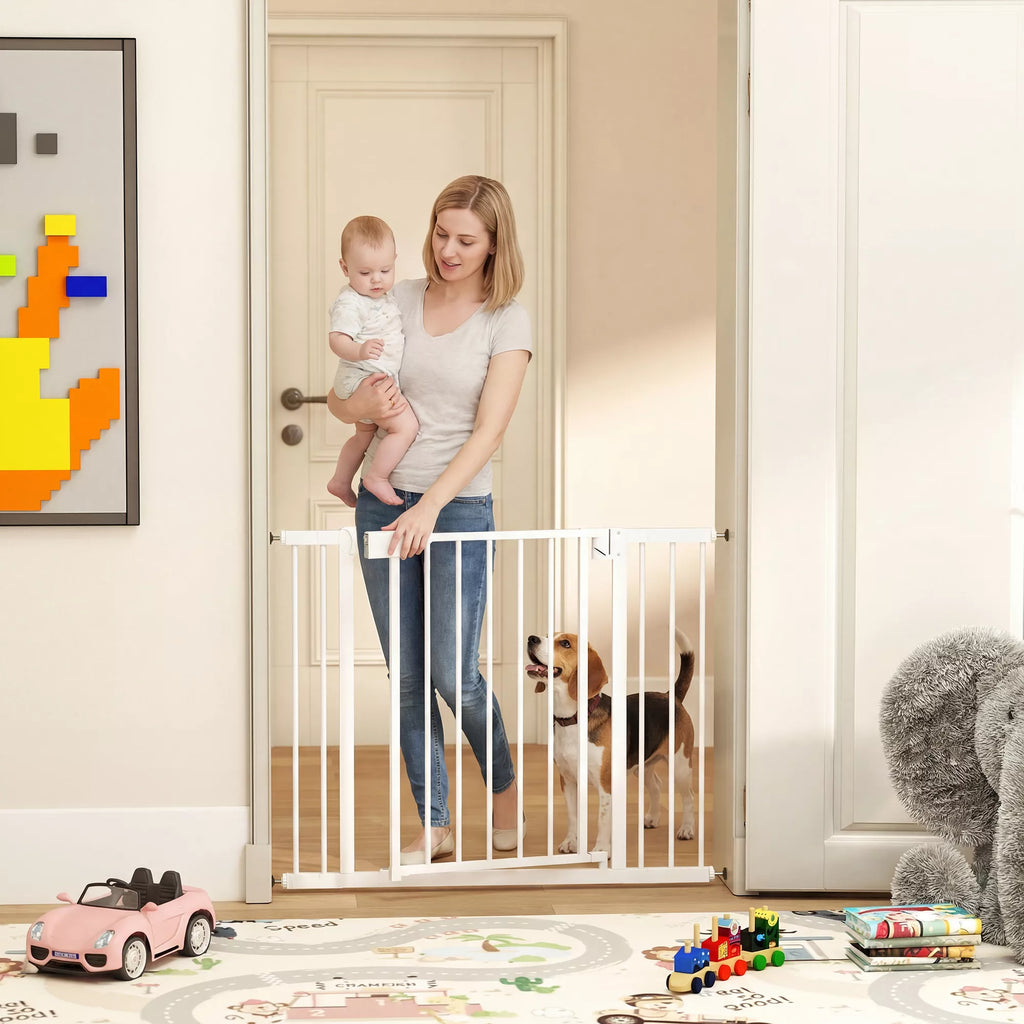 Laiptų apsauginė grotelė be gręžimo su automatiniu uždarymu vaikams, virtuvės laiptams, 76–103 x 76 cm, balta