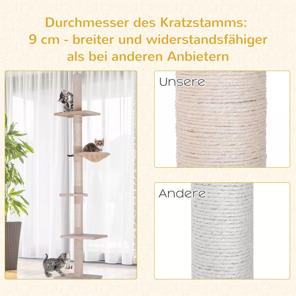 Kaķu māja līdz griestiem, regulējams augstums, stabils kaķu koks ar sizala stabiem, kaķu kāpšanas koks, bēšs, 40 x 34 x 230-260 cm