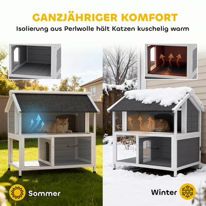 Outdoor cat house, outdoor shelter, waterproof, opening roof, fir wood, 80 x 93 x 95, gray