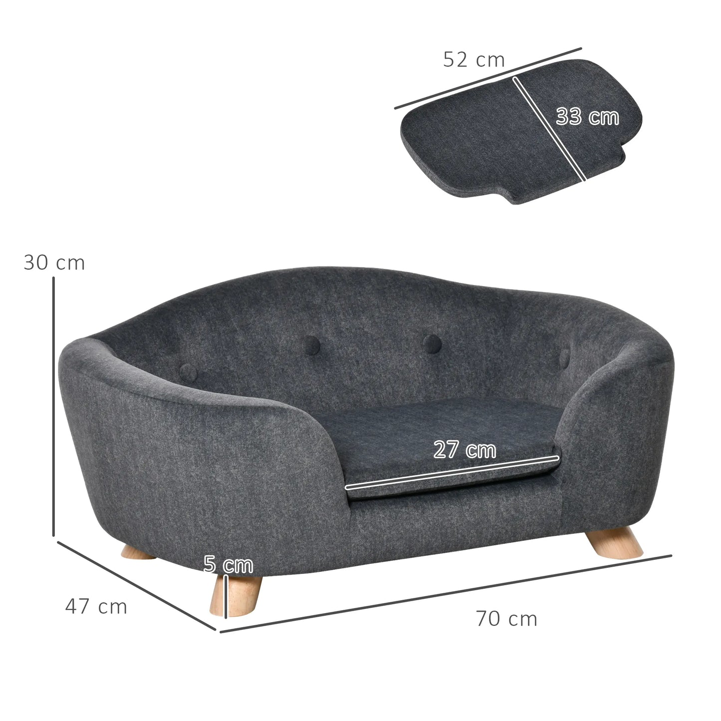 Sofa augintiniams, šunų kilimėlis, šunų lova, šunų sofa, šunų kušetė, katės sofa su pagalvėle, galinė kišenė, pliušas, putplastis, pušies mediena, tamsiai pilka, 70 x 47 x 30 cm
