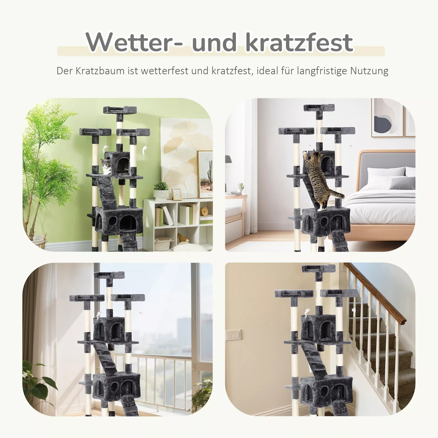 XXL kaķu skrāpēšanas koks ar kaķu gultu un kāpnēm, daudzlīmeņu daudzfunkcionāls izklaides centrs kaķiem, plīša, pelēks, 49 x 49 x 173 cm