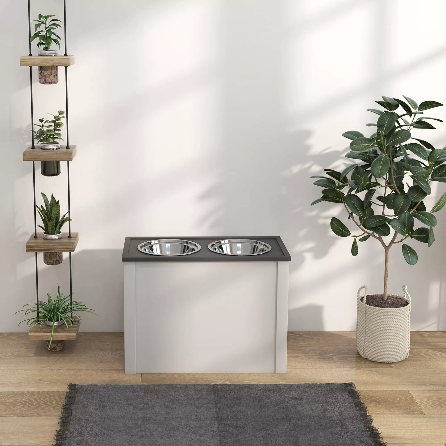 Barošanas stacija ar paceltiem barības konteineriem, 1 uzglabāšanas vieta, 2 nerūsējošā tērauda bļodas, 60 x 30 x 42 cm, balta + pelēka