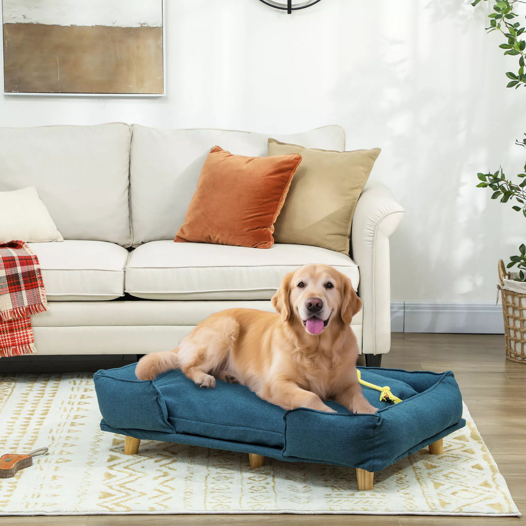 Šunų sofa, naminių gyvūnų sofa, naminių gyvūnų lova, nuimamas ir skalbiamas čiužinys, Natūralus+ Tamsiai mėlyna