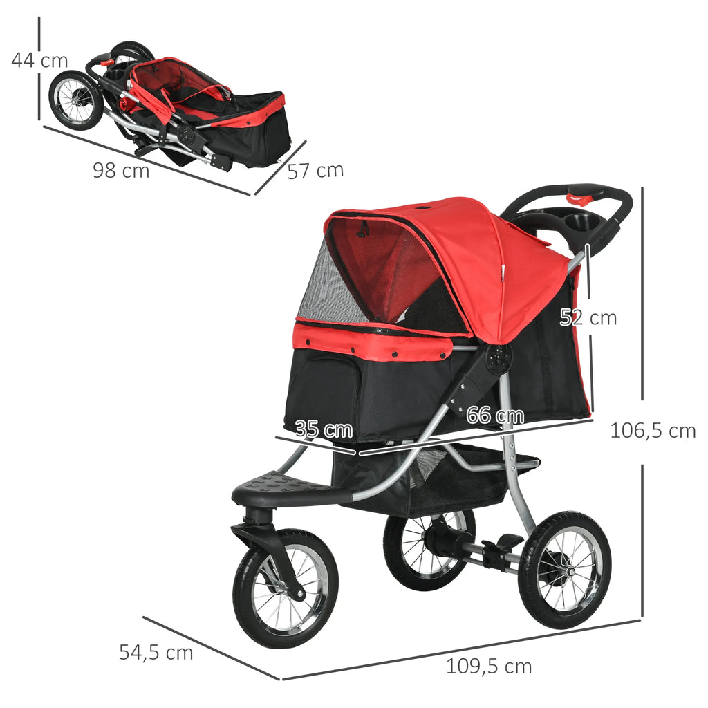 Suņu ratiņi ar 3 riteņiem, salokāmi līdz 10 kg, Oxford Red+Black, 109,5 x 54,5 x 106,5 cm