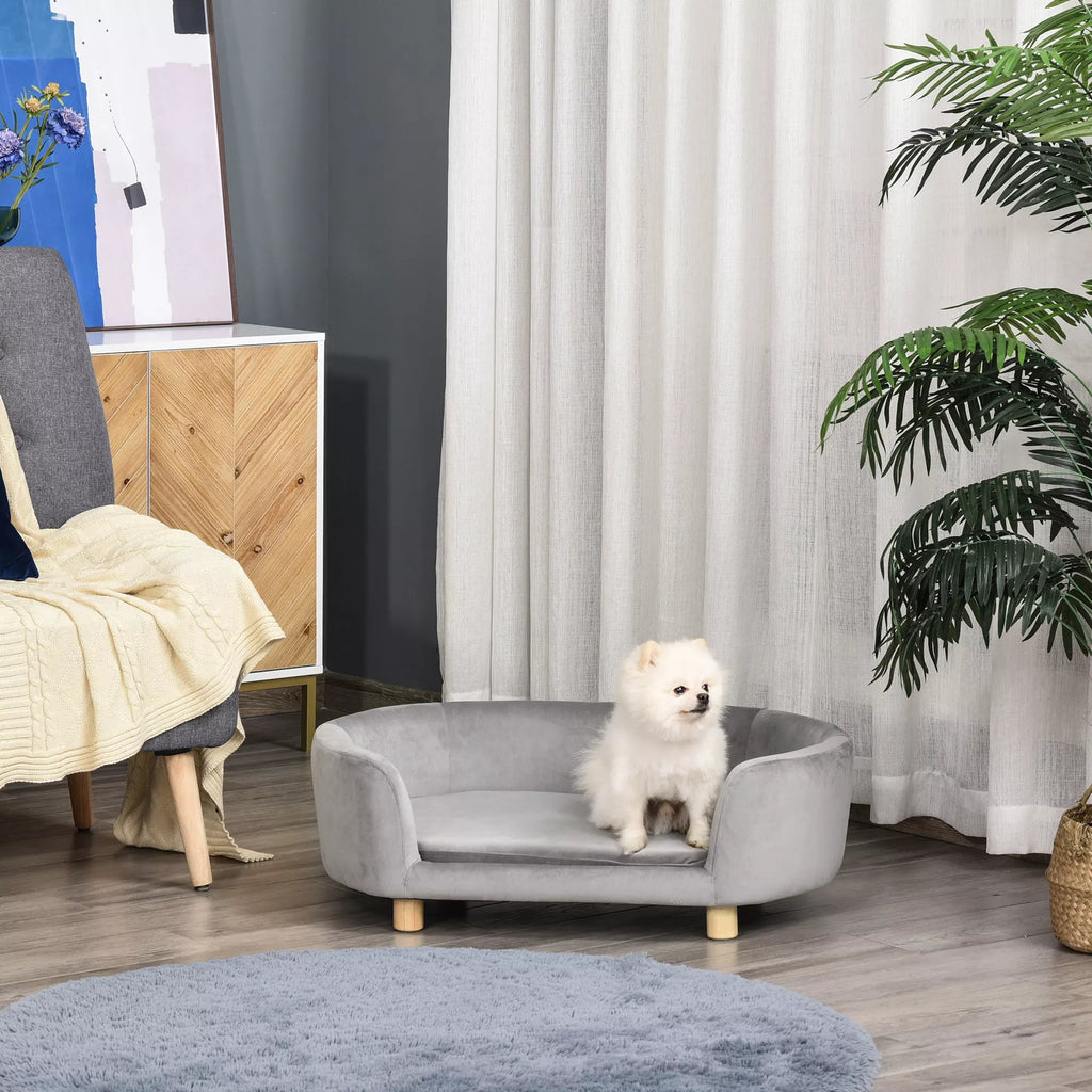 Sofa augintiniams, šunų sofa, šunų lova su olandišku aksomu, putplasčiu ir beržo kojelėmis katėms ir šunims, 86 x 55 x 33 cm, šviesiai pilka