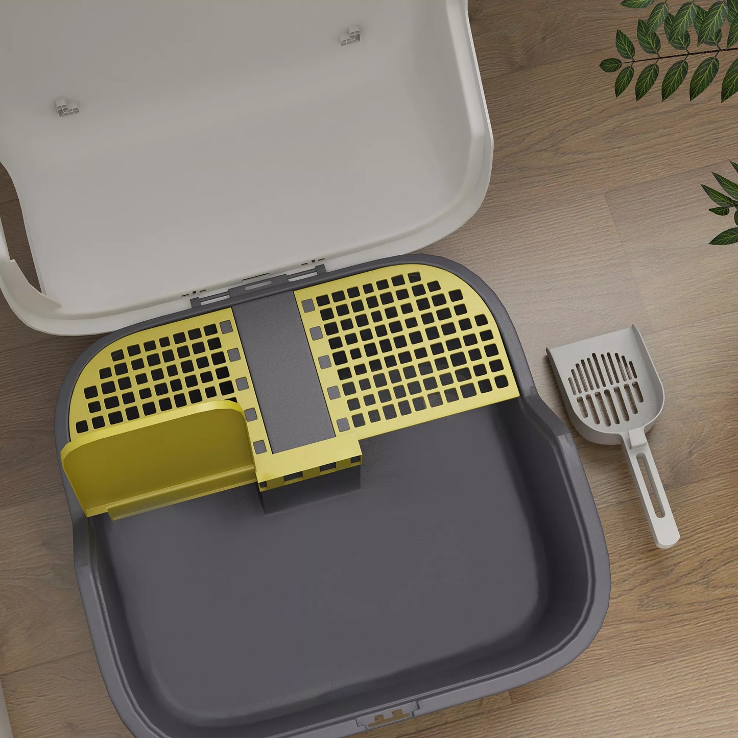 Kaķu tualete, kaķu kaste ar vāku un kausiņu, viegli tīrāma, aizslēdzama, balta