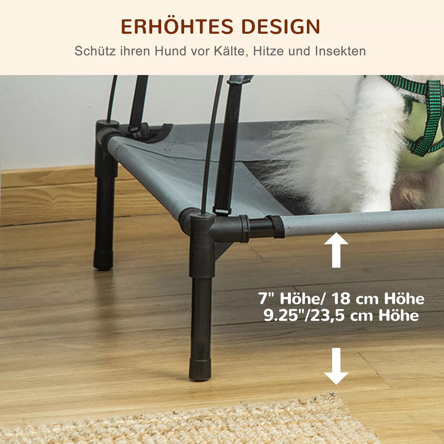 Paaugstināta suņu gulta ar nojumi, mājdzīvnieku gulta, āra suņu gulta ar nojumi, elpojoša, tafta audums, kempingam, pelēka, 61 x 46 x 62 cm