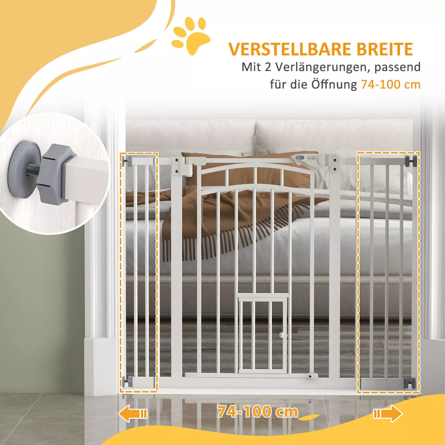 Apsauginiai varteliai laiptams ir šunims, automatinis uždarymas, valdymas viena ranka, 100 cm x 4 cm x 76 cm, balti