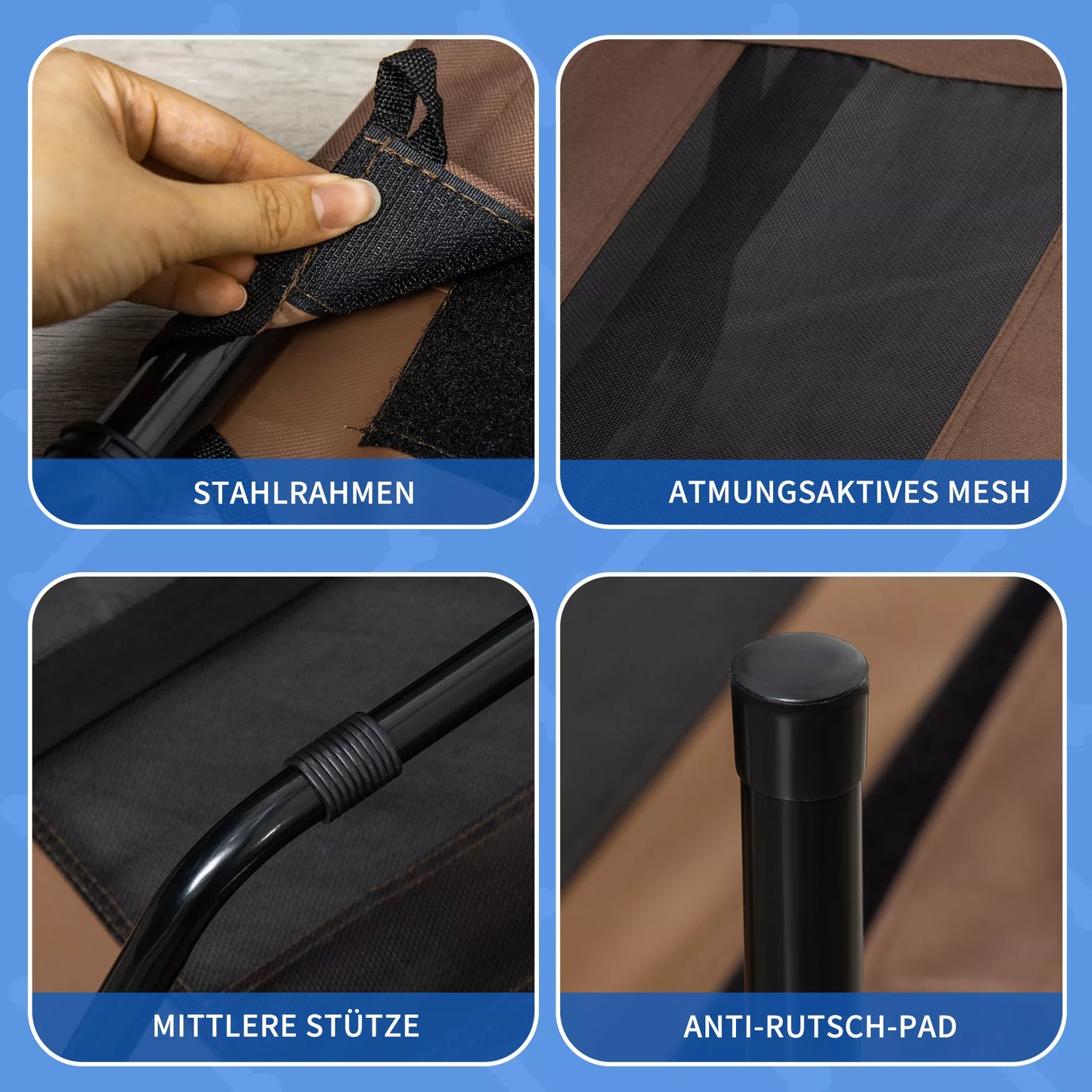 Salokāma suņu gulta āra lietošanai ar paceltu statīvu, 122 cm x 92 cm x 23 cm, kafijas brūna + melna