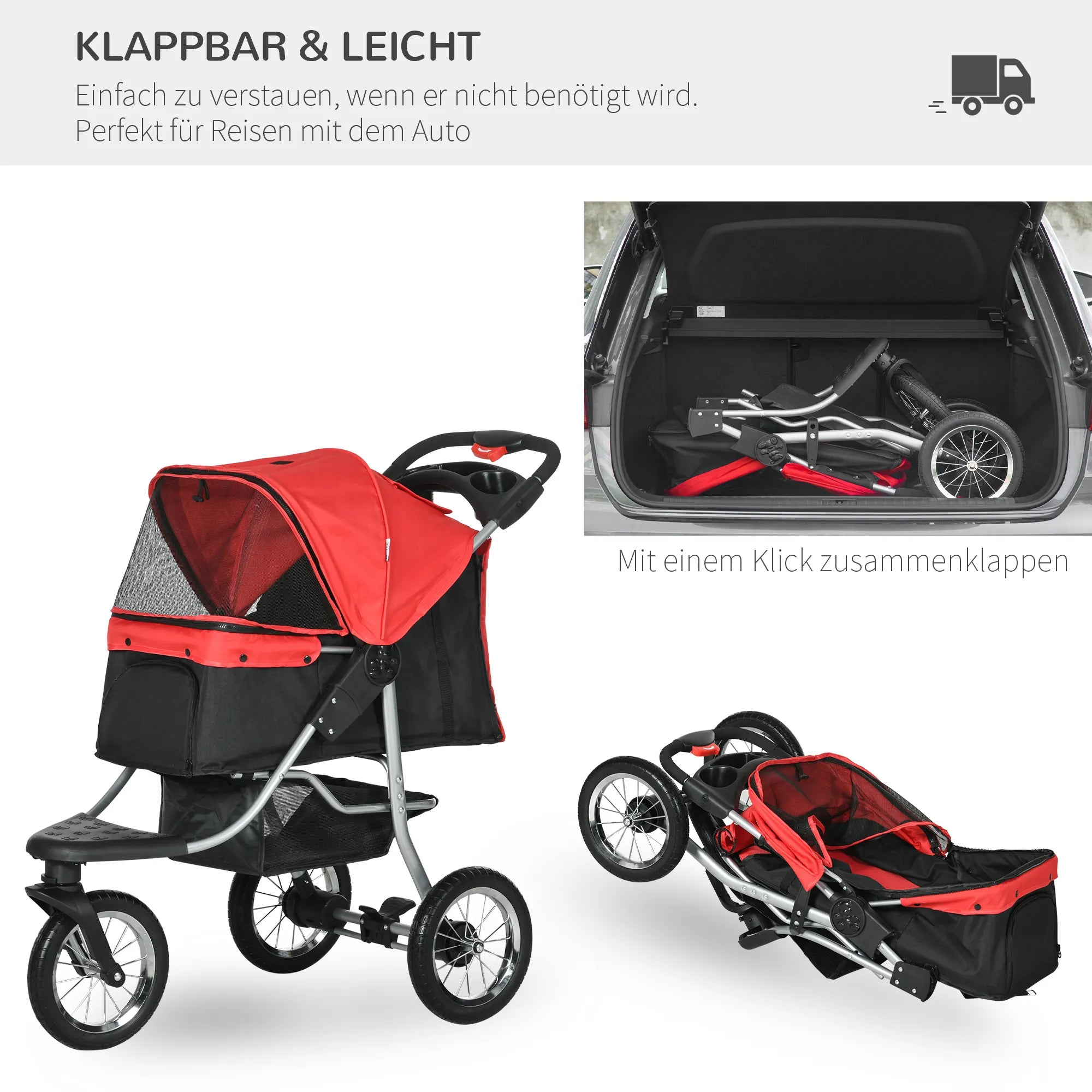 Suņu ratiņi ar 3 riteņiem, salokāmi līdz 10 kg, Oxford Red+Black, 109,5 x 54,5 x 106,5 cm