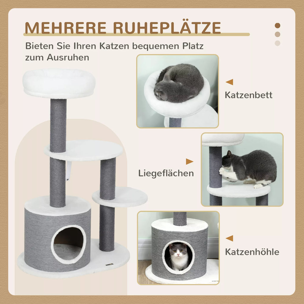 Katės medis su 1 katės urveliu, 1 katės guoliu, 2 platformomis, jutinės virvės stulpais, balta + pilka