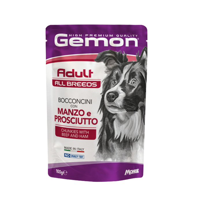 Gemon all breeds adult  konservuotas pašaras suaugusiems šunims su jautienos ir kumpio gabalėliais 100g naujas pakuotės dizainas