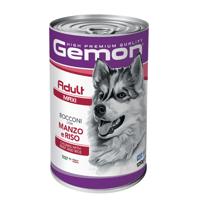Gemon maxi adult konservuotas pašaras suaugusiems šunims su jautiena ir ryžiais 1250g naujas pakuotės dizainas