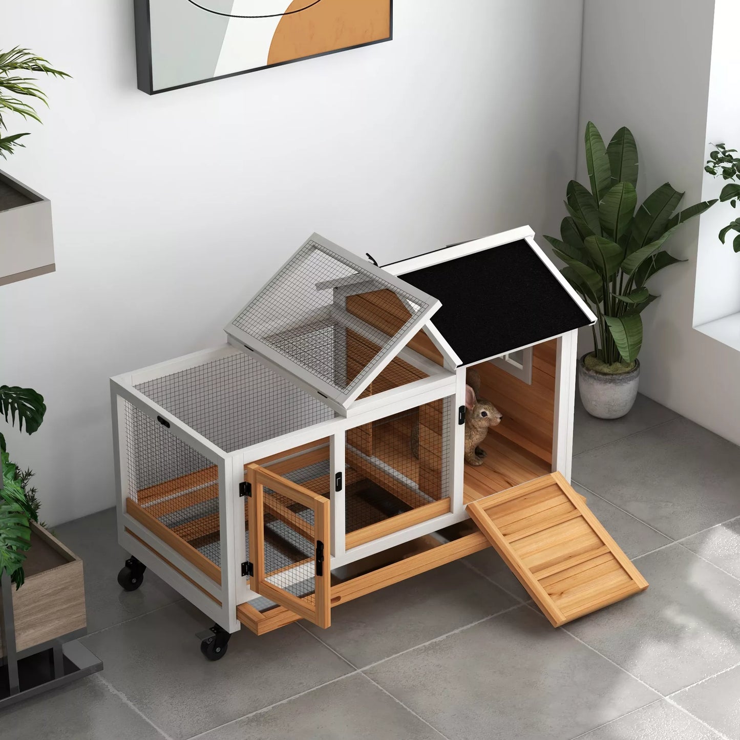 Dzīvnieku būris pundurtrušiem, jūrascūciņām, ar riteņiem, 108 x 58 x 73,5 cm, dzeltens