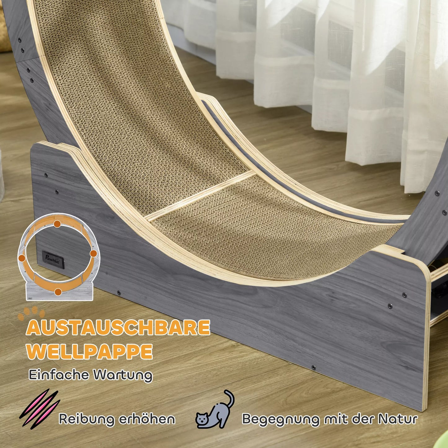 Kaķa skriešanas ritenis, 91 cm, ar bremzi un skrāpēšanas stabu, veselīgai kustībai, valrieksta krāsā