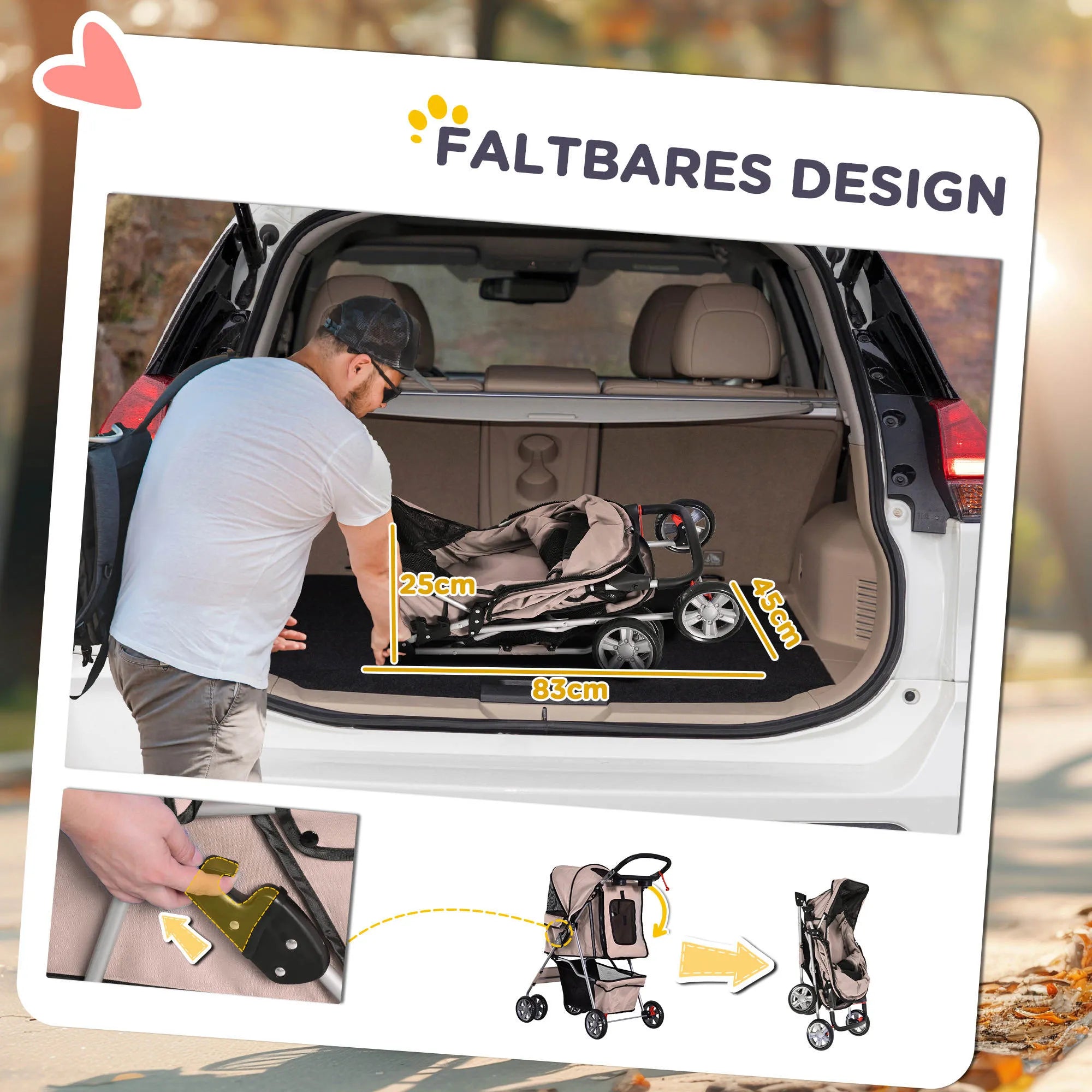 Suņu ratiņi līdz 10 kg, saliekami, ar apakšējo grozu, 2 krūzīšu turētājiem, saules aizsargu, kafijas brūnā krāsā