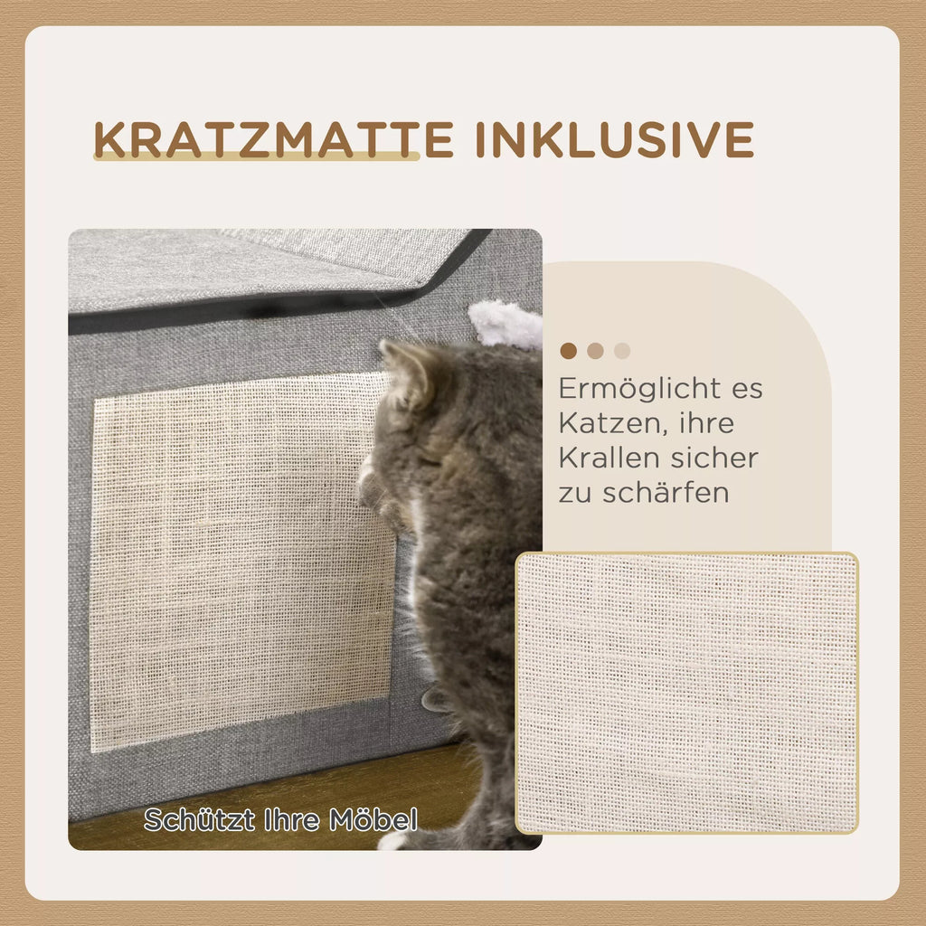Kaķu mājiņa ar skrāpējamo stabu, ar rotaļu bumbu, kaķu ala, 65 cm x 41 cm x 45,5 cm, brūna + balta + bēša