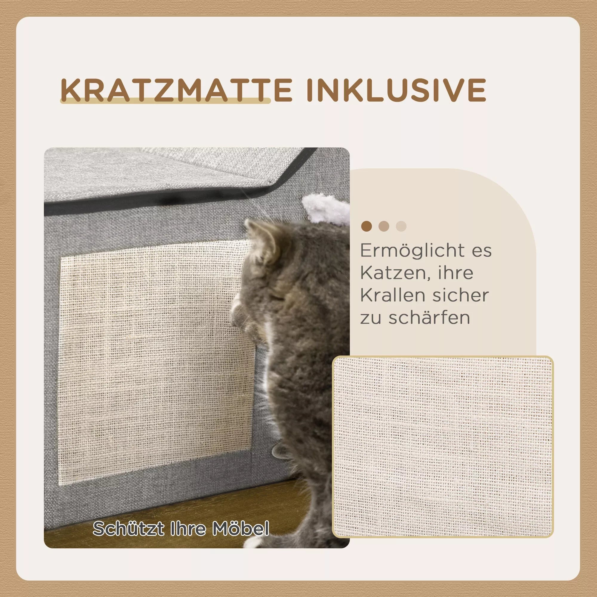 Kaķu mājiņa ar skrāpējamo stabu, ar rotaļu bumbu, kaķu ala, 65 cm x 41 cm x 45,5 cm, brūna + balta + bēša