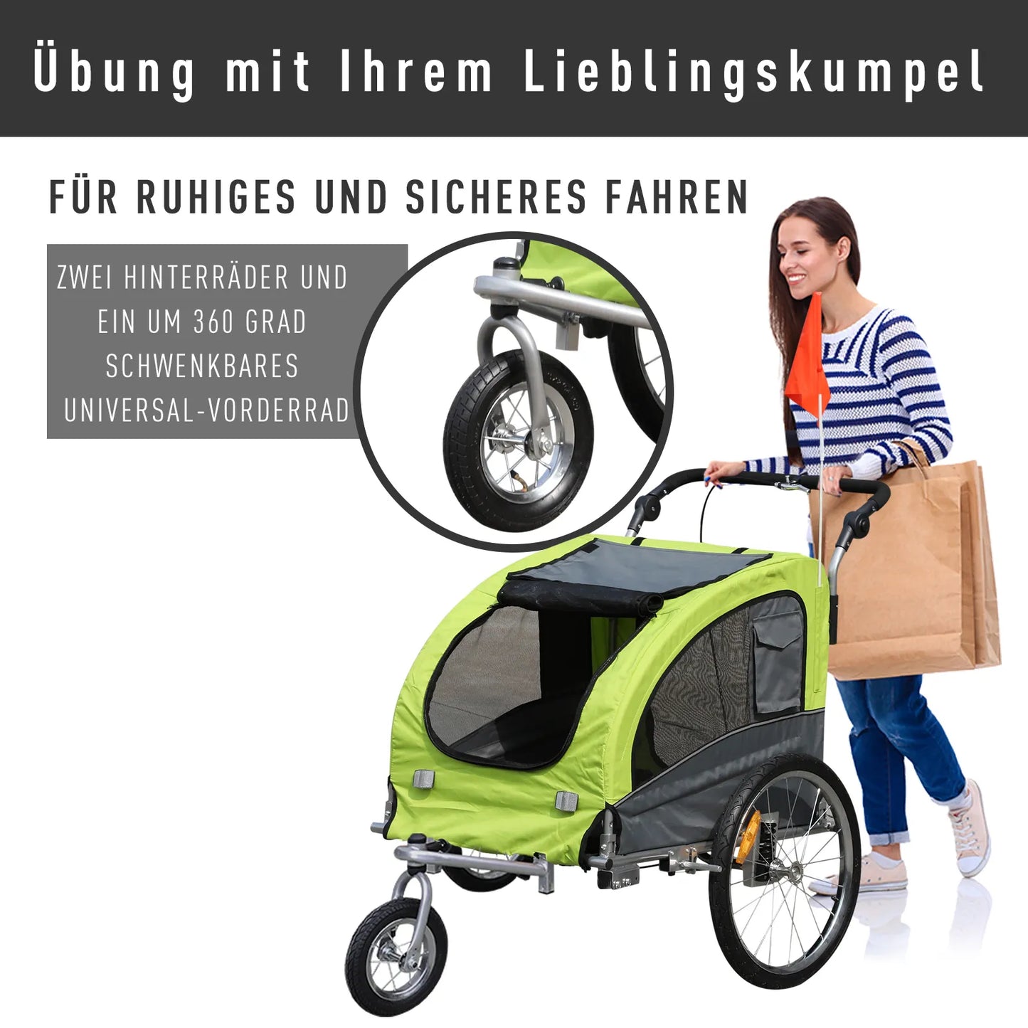 Pet trailer, dog trailer up to 20 kg, foldable, rain cover, reflectors, green+gray, 155 x 83 x 108cm