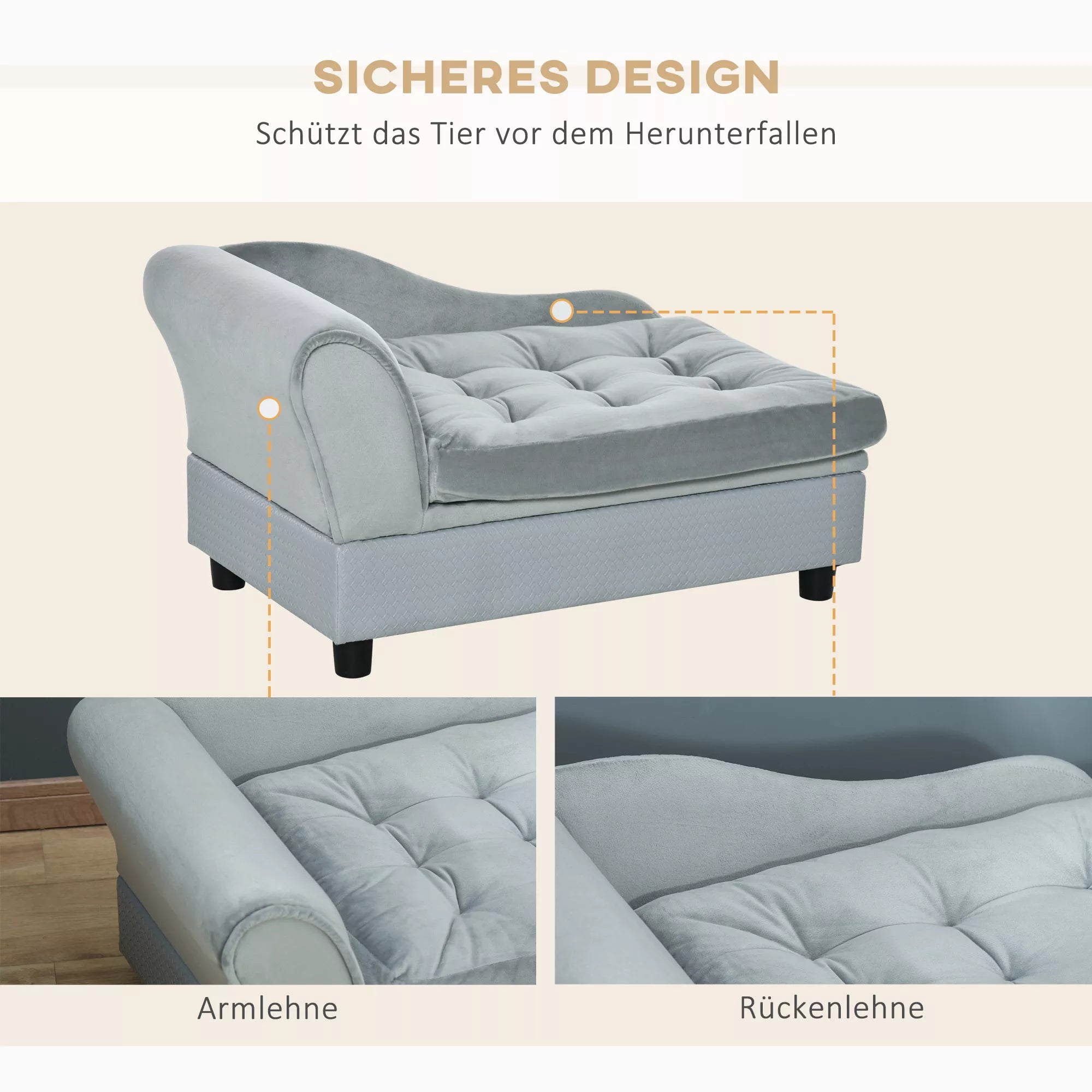 Sofa augintiniui su daiktadėže, minkšta pagalvėle, iki 15 kg apkrovos, pliušiniu užvalkalu, kieto medžio rėmu, šviesiai pilkos spalvos