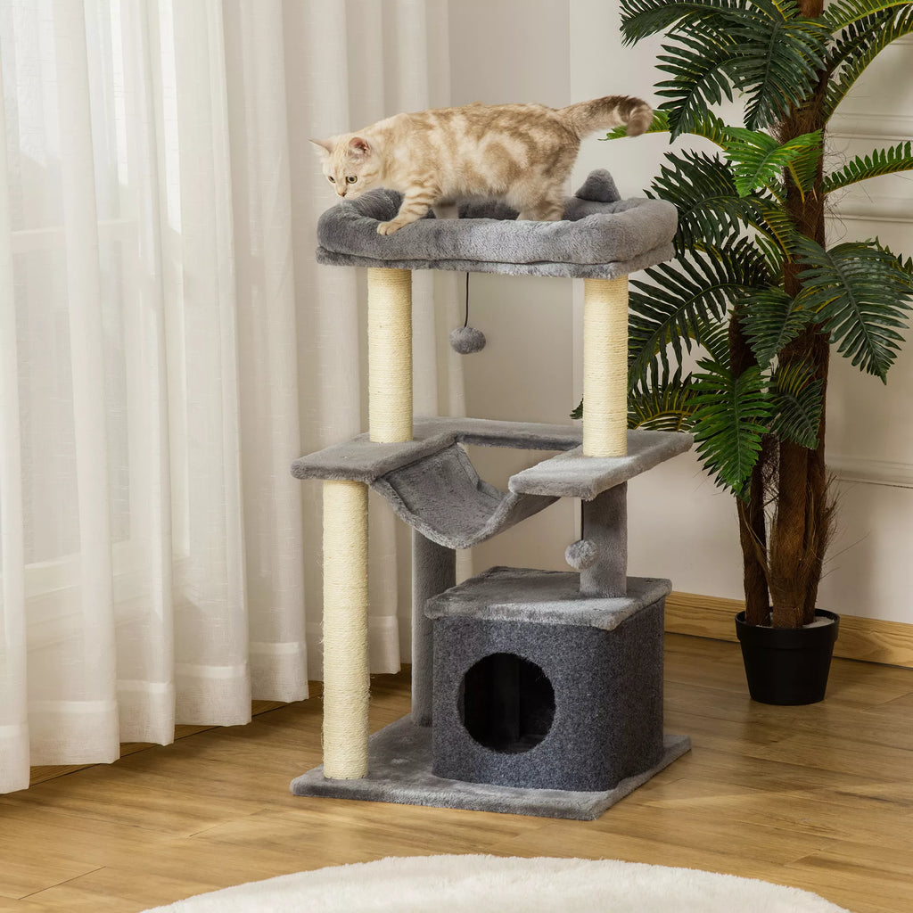 Kačių medis 90 cm, su hamaku, žaidimų medis, kačių guolis, platformos, laipiojimo medis, katės draskyklė, aktyvumo draskyklė, pliušas, sizalis, pilkos spalvos
