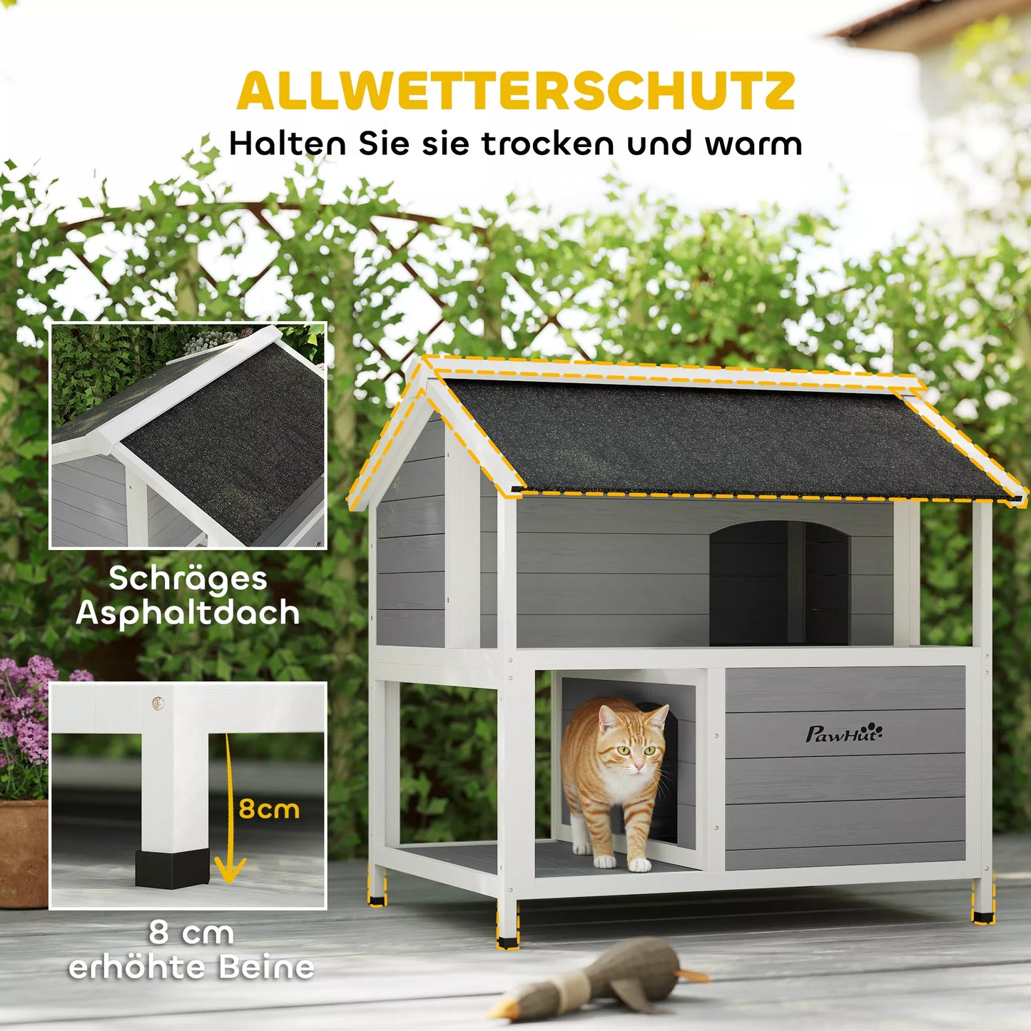 Outdoor cat house, outdoor shelter, waterproof, opening roof, fir wood, 80 x 93 x 95, gray
