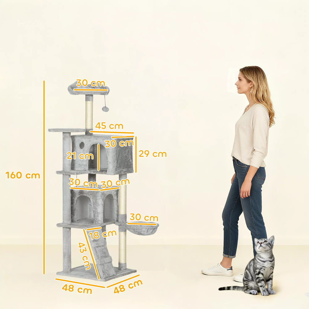 160 cm kaķu skrāpējamais stabs, vairāki līmeņi, sizala skrāpējamie stabi, alas, plīša platformas, šūpuļtīkls, pakāpieni, rotaļu bumbiņas