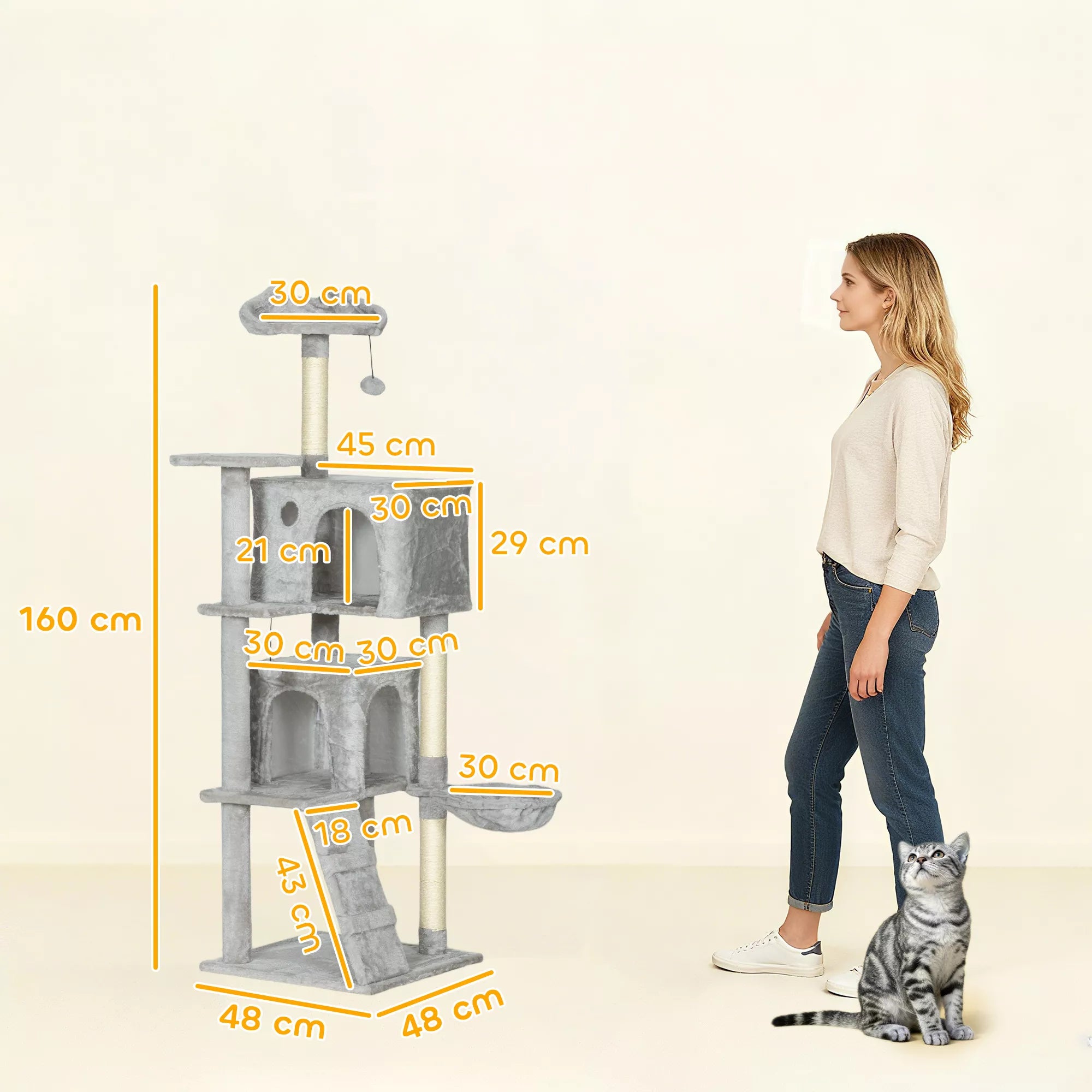 160 cm kaķu skrāpējamais stabs, vairāki līmeņi, sizala skrāpējamie stabi, alas, plīša platformas, šūpuļtīkls, pakāpieni, rotaļu bumbiņas