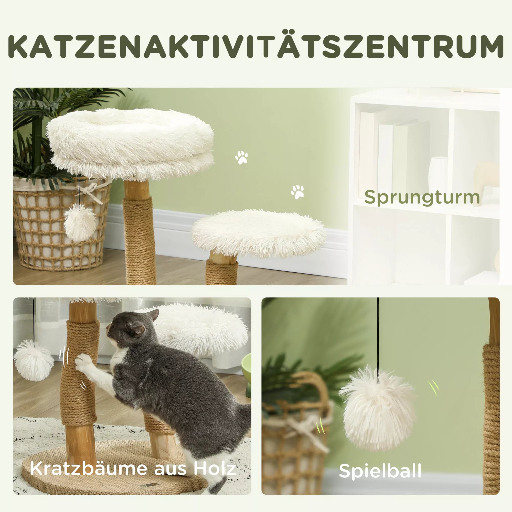 Kaķu māja, 61,5 cm, ar kaķu gultu, skrāpējamo stabu, lēkšanas platformu, rotaļu bumbu, kaķiem līdz 5 kg, balta