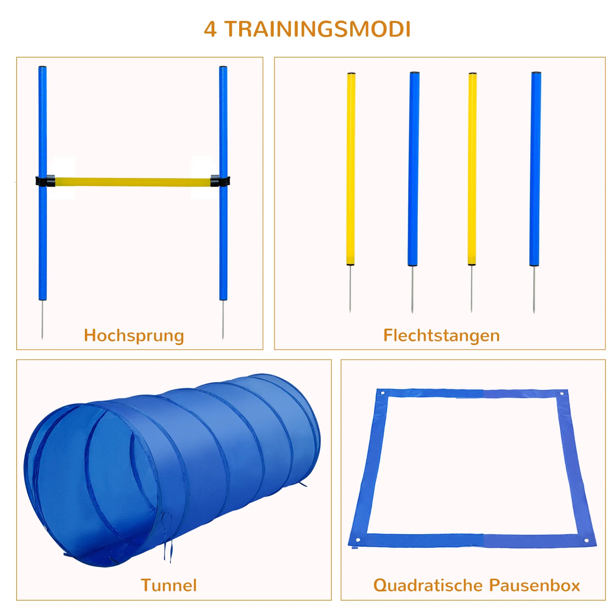 Agility rinkinys šunims, 5 dalių agility įranga šunų dresūrai, šuolių barjerų rinkinys su šunų tuneliu, 4 aukščio reguliuojami slalomstulpeliai, barjerai, pauzės dėžutė, nešiojimo krepšys – Agility rinkinys žaidimams ir dresūrai