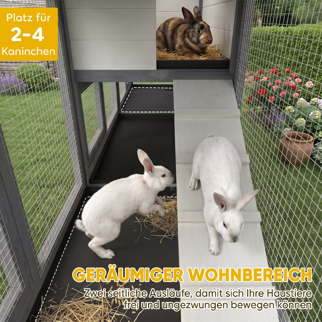 Narvas triušiams dviejų aukštų, medinis, su bitumo stogu ir 4 ištraukiamais padėklais, 230x53x93,5 cm, šviesiai pilkas