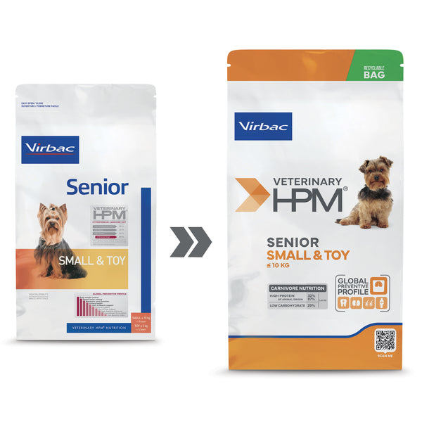 Virbac Veterinary HPM Senior Dog Small & Toy Dog sausas pašaras pagyvenusiems mažų veislių šunims pasikeitęs pakuotės dizainas