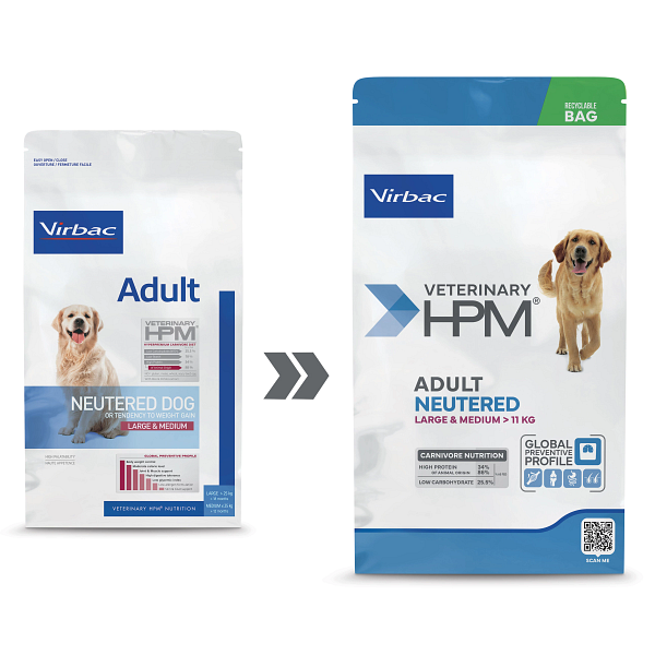 Virbac Veterinary HPM Adult Neutered Dog Large & Medium sausas pašaras sterilizuotiems didelių ir vidutinių veislių šunims atsinaujinusi pakuotės išvaizda