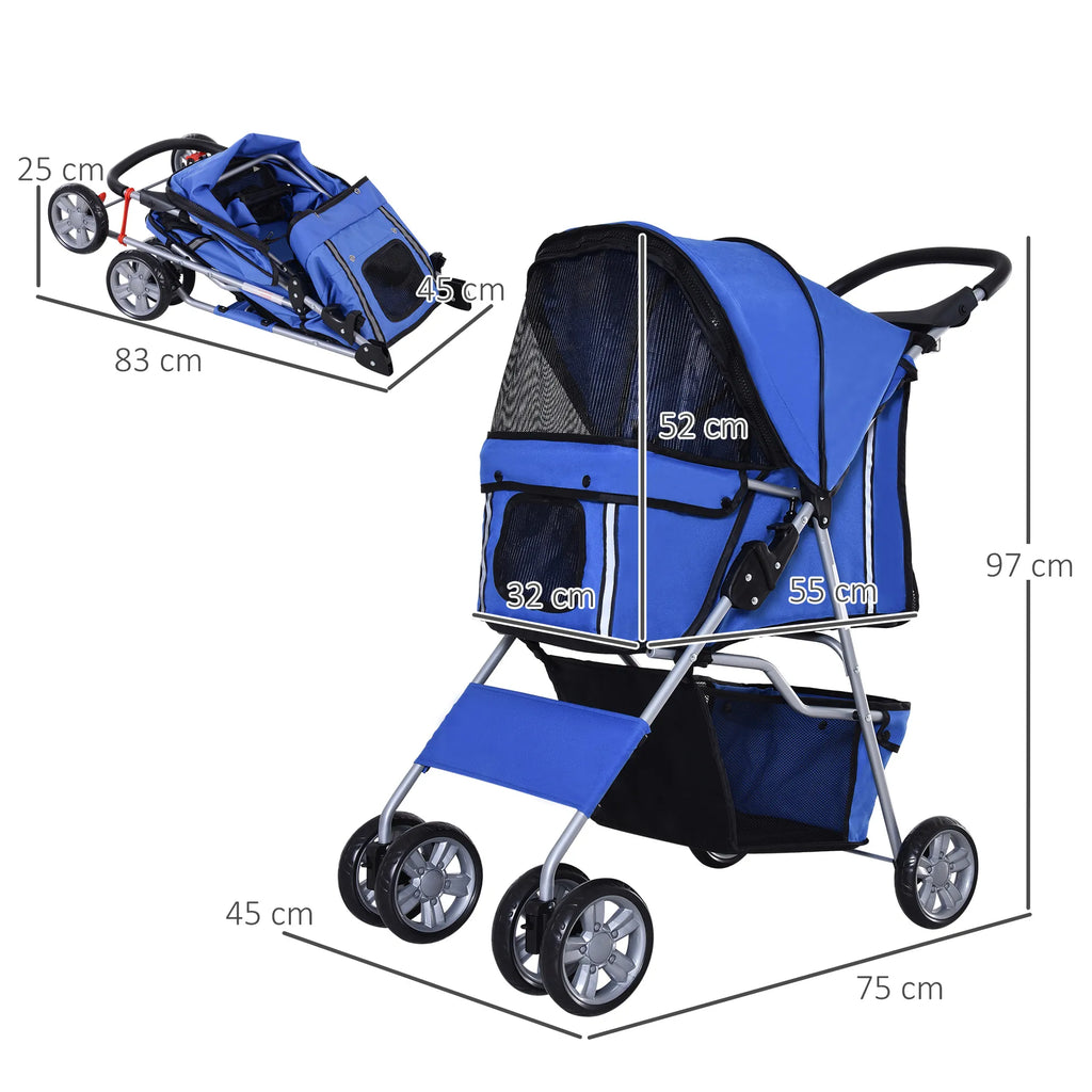 Salokāmi suņu ratiņi līdz 10 kg, ar regulējamu jumtiņu, 2 krūzīšu turētājiem un apakšējo trauku, zili