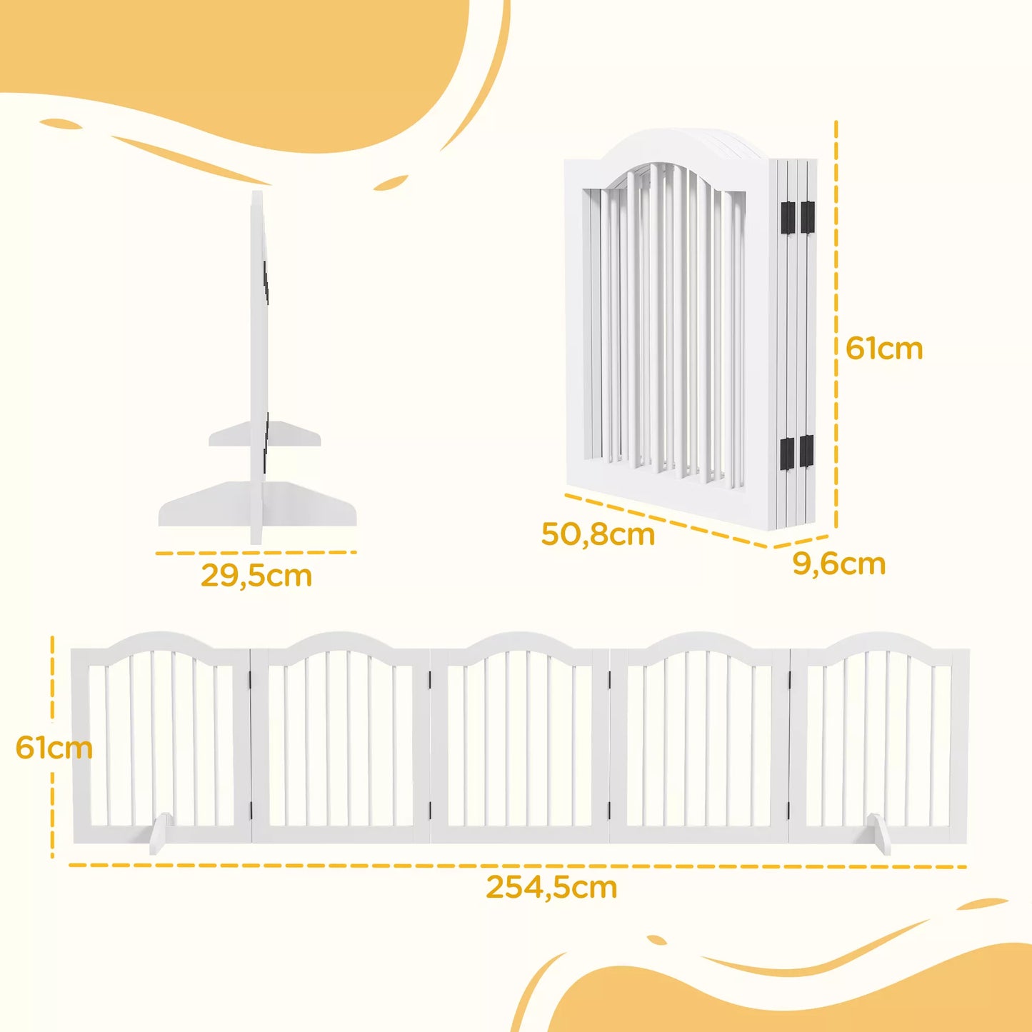 Sulankstomi, lankstūs, 5 sekcijų šunų aptvaro varteliai, masyvmedis/MDF, 254,5x29,5x61 cm, balti