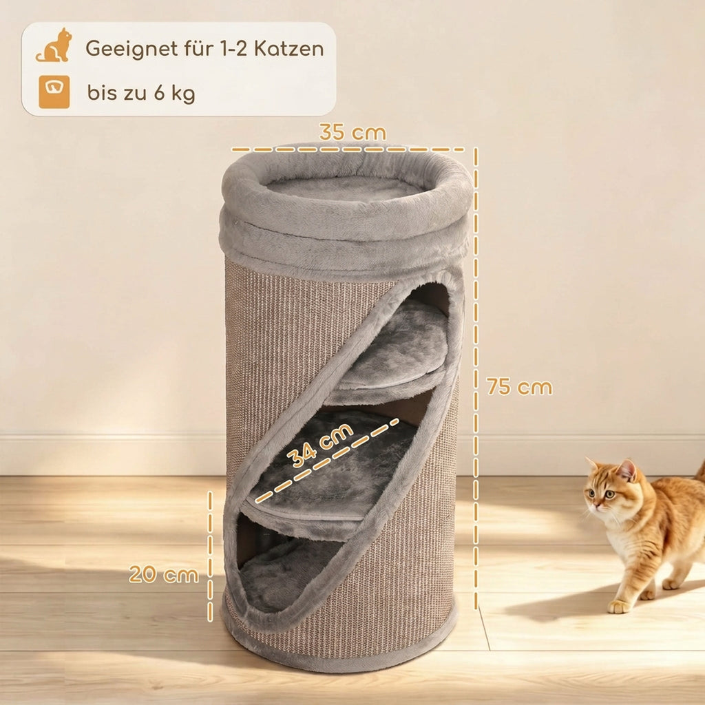 Draskyklė-bokštas 75 cm, Ø35 cm, su 3 nameliais, skalbiamu guoliu ir sizalio danga, 1–2 katėms iki 6 kg, pilka