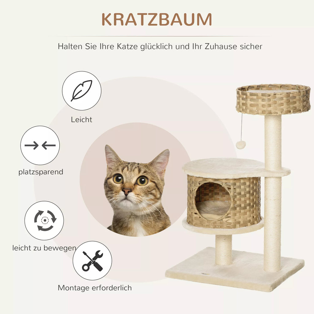 Rotango kačių draskyklė 95 cm aukščio, 3 pakopų kačių medis su platforma, kačių lova, laipiojimo medis su katei skirta slėptuve, sizalio stulpais, žaisliukais, kačių baldai, Sizalis Natūralus+Smėlio spalvos