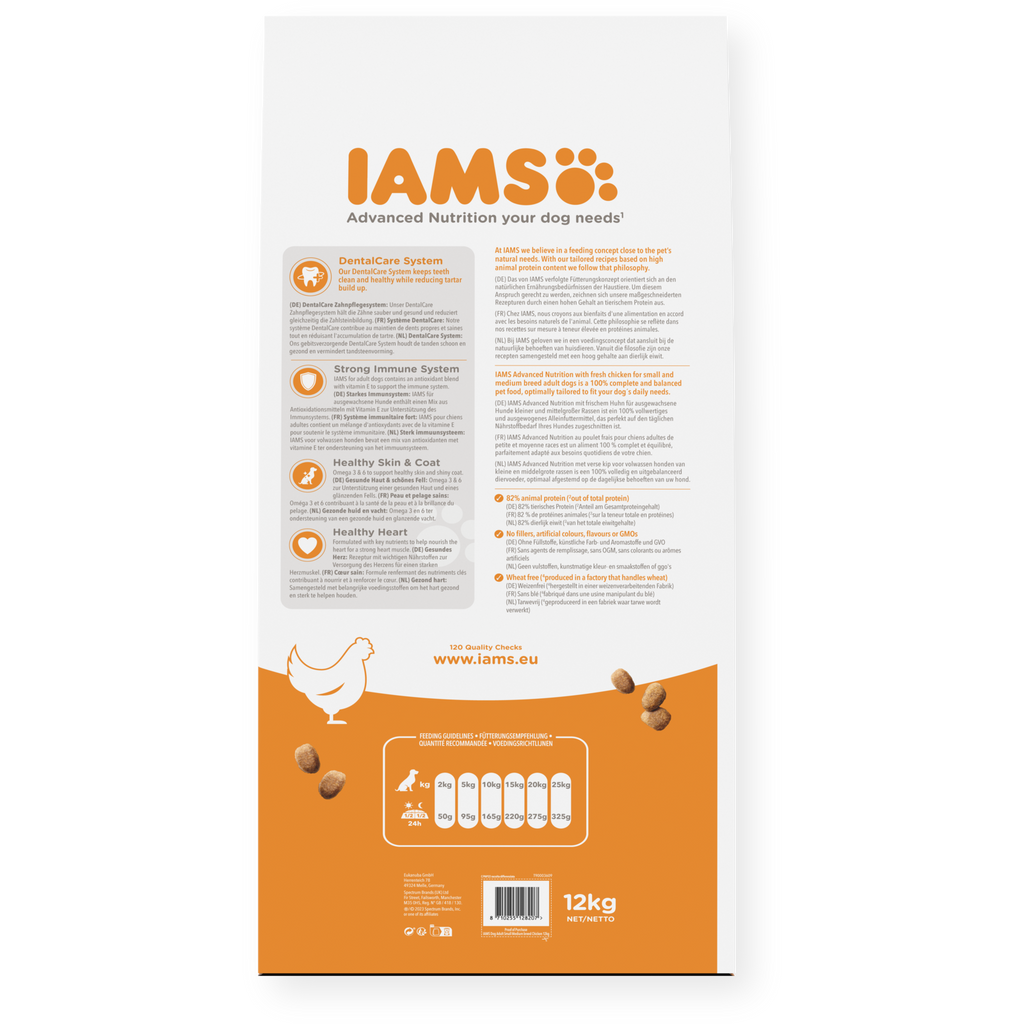 IAMS sausas maistas mažų ir vidutinių veislių šunims su vištiena, S/M, 12 kg šėrimo rekomendacijos