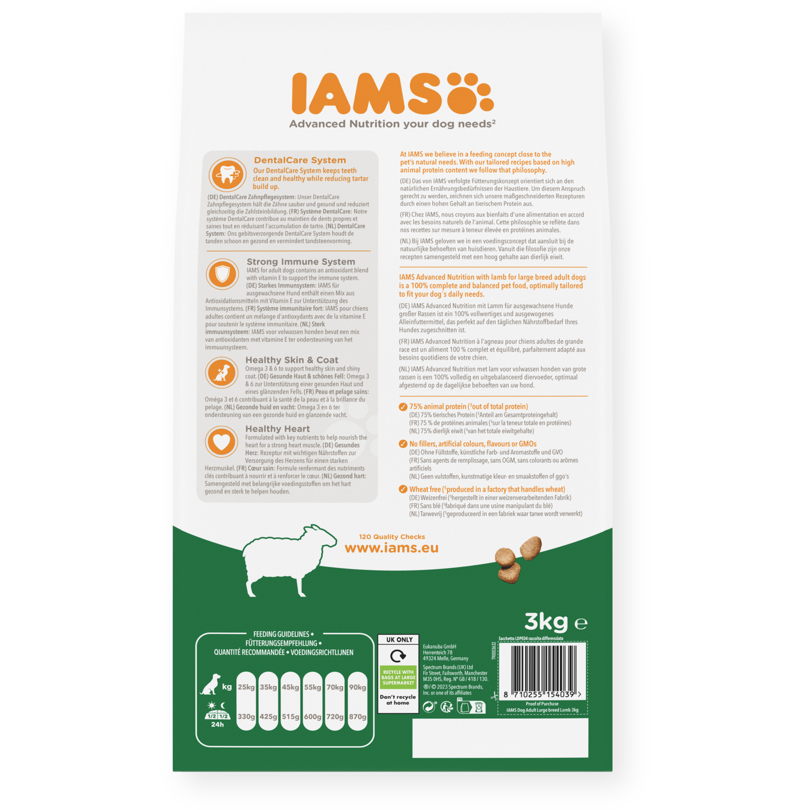 IAMS sausas maistas didelių veislių šunims su ėriena, L, 3 kg šėrimo rekomendacijos