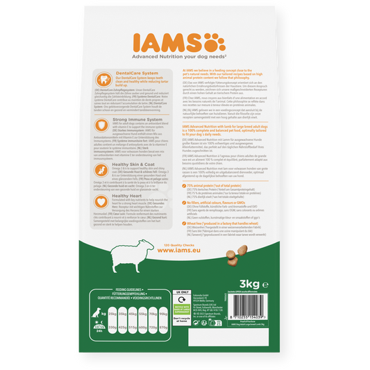 IAMS sausas maistas didelių veislių šunims su ėriena, L, 3 kg šėrimo rekomendacijos